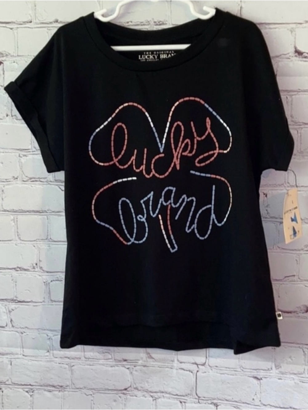 Lucky Brand Black Short Sleeve Tee with Multicolor Clover Script